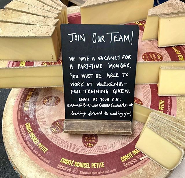 WE ARE HIRING! 
We are looking to hire a part time Monger to join our wonderful team. If you’re energetic, love cheese and want to work in the buzz of Borough Market, we’d like to meet you. 
You must be able to work weekends. Full on the job training wil… bit.ly/2IuezZ7