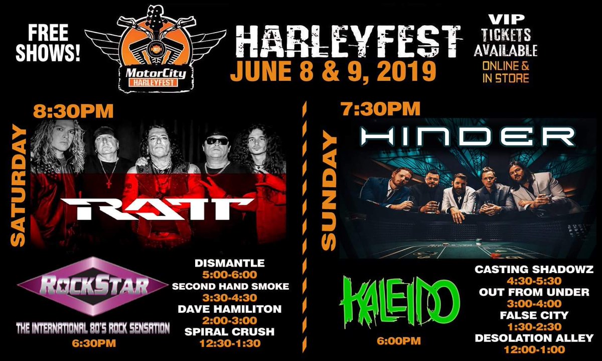 DetMusicAwards's tweet photo. Some great #local bands this weekend at @HarleyFestMI. #DMA nominees and winners, including @Kaleidoband, #RockStar80s, #CastingShadowz and many more. Check their event page for more info.
#DetroitMusic #SupportLocal #HarleyFest2019 https://t.co/bQUc2ay9PT