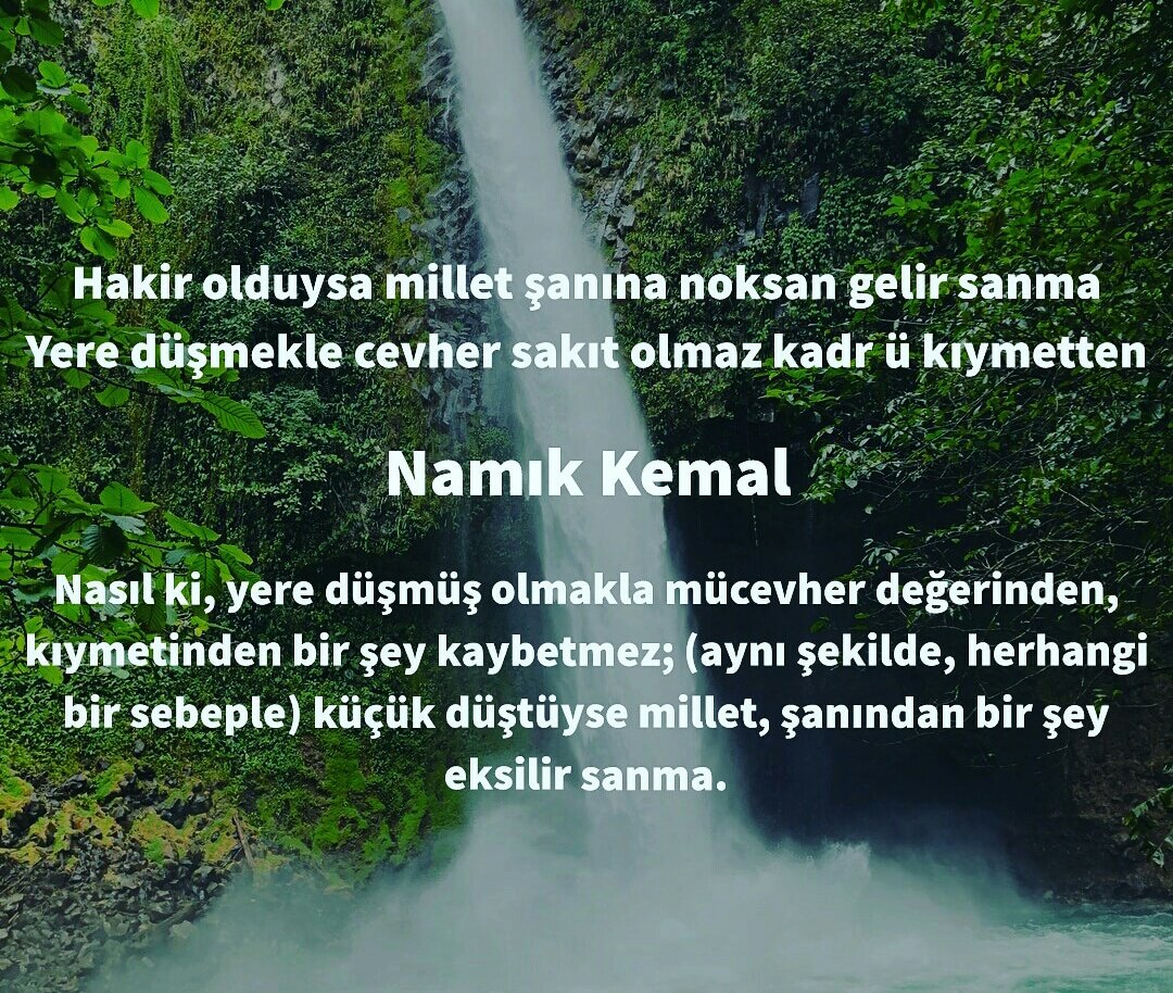 Hakir olduysa millet şanına noksan gelir sanma
Yere düşmekle cevher sakıt olmaz kadr ü kıymetten

Namık Kemal