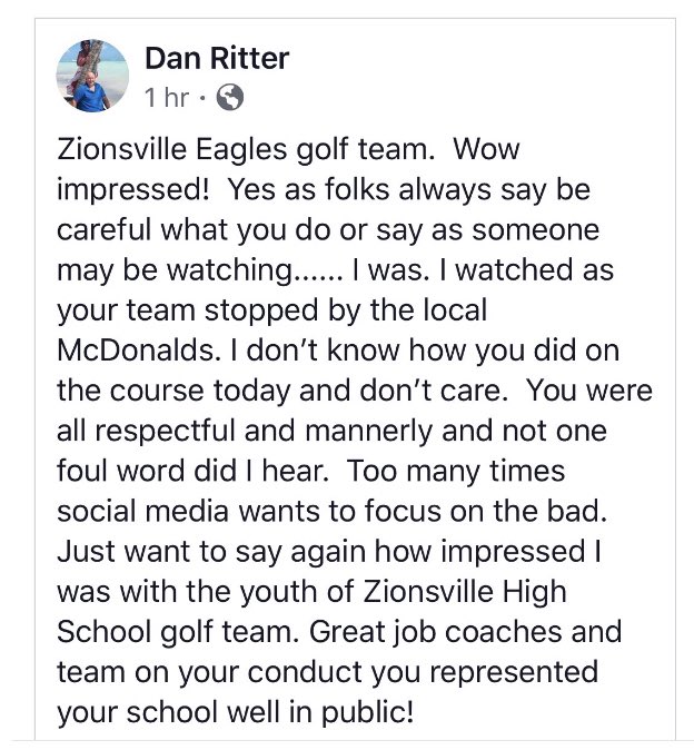 ZionsvilleGolf's tweet photo. Yesterday wasn’t our best day on the course, but every day it’s good to be an Eagle. Seeing posts and comments like this makes me proud to be associated with such fine young men. @ZCSeagles #everybodyswatching #eaglegolffamily https://t.co/u1VT4ufzzW