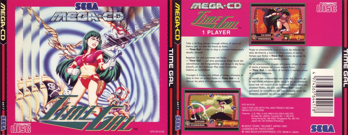 RetroGameGeeks's tweet image. TIME GAL: Here's the PAL cover art for the Mega-CD port of the 1985 arcade game. An FMV based adventure this sees you jumping through time to stop history being altered by an evil criminal. Did you ever face a Gladiator? #retrogaming #80s #Arcade #90s #Sega #Megadrive #gaming