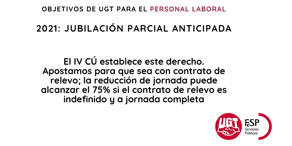 UGT_SP's tweet photo. #AhoraAGE @FeSP_UGT firmó el IV Convenio Único permite la Jubilación Parcial Anticipada. #AhoraPersonalLaboral tendrá este derecho. https://t.co/4yfhBCGIaH