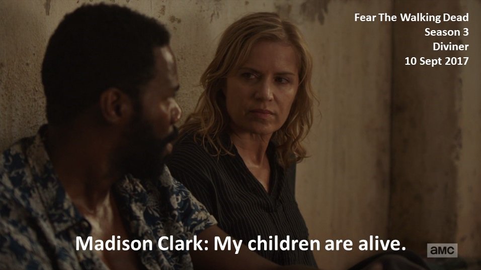 DoctorDoubleTap's tweet photo. #Madison Clark: My children are alive.

#FearTheWalkingDead
Season 3
#TheDiviner
10 September 2017
Zombie Apocalypse
High School Guidance Counselor
El Sereno, California, Widow
Fall of Los Angeles Survivor, Abigail Vineyard Survivor
Team Clark
Kim Dickens https://t.co/FWRPtUwsCZ
