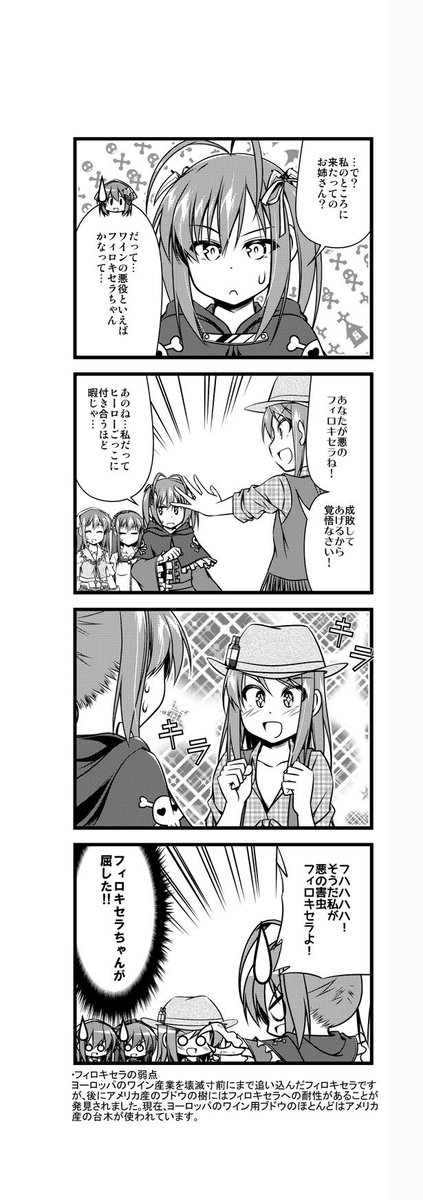 ワイン擬人化漫画「ワインガールズ」30話13本目です。  フィロキセラ流行でアメリカの台木を使わざるを得なくなった時、フランスでは「血が汚れる」として最後まで反対があったそうです。しかし現在、そのブドウの樹から素晴らしいフランスワインが生まれています。  #ワイン #4コマ漫画 #百合