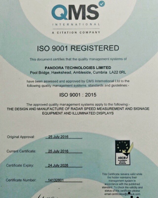 Pandora_techLtd's tweet photo. We are so proud of our #iso90012015 certificate.
Being certified demonstrates we can successfully manage the statutory & regulatory requirements relevant to our products,while achieving #excellence in our #customerservice and #delivery. #sitesaftey #radarspeedsigns #speedcheckers https://t.co/8Qz8YphZ63