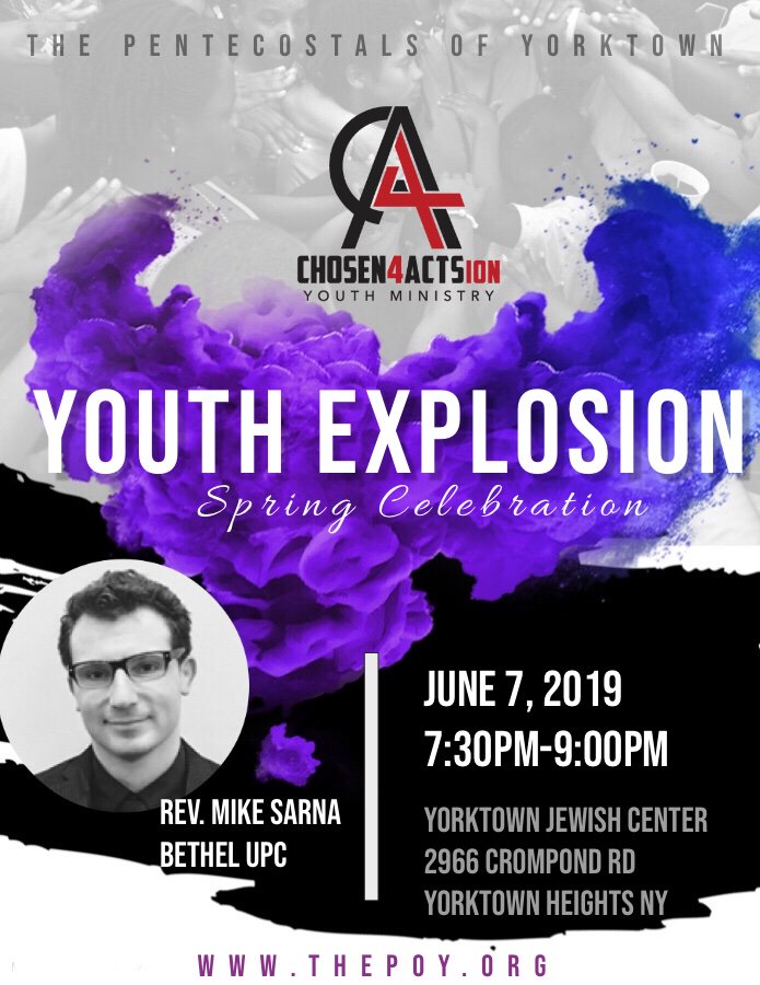pentecostalsofy's tweet photo. Join us for Youth Explosion tonight at 7:30pm. With guest Minister Rev. Mike Sarna, Bethel UPC (Chosen Generation Apostolics) https://t.co/d07y11dMxj