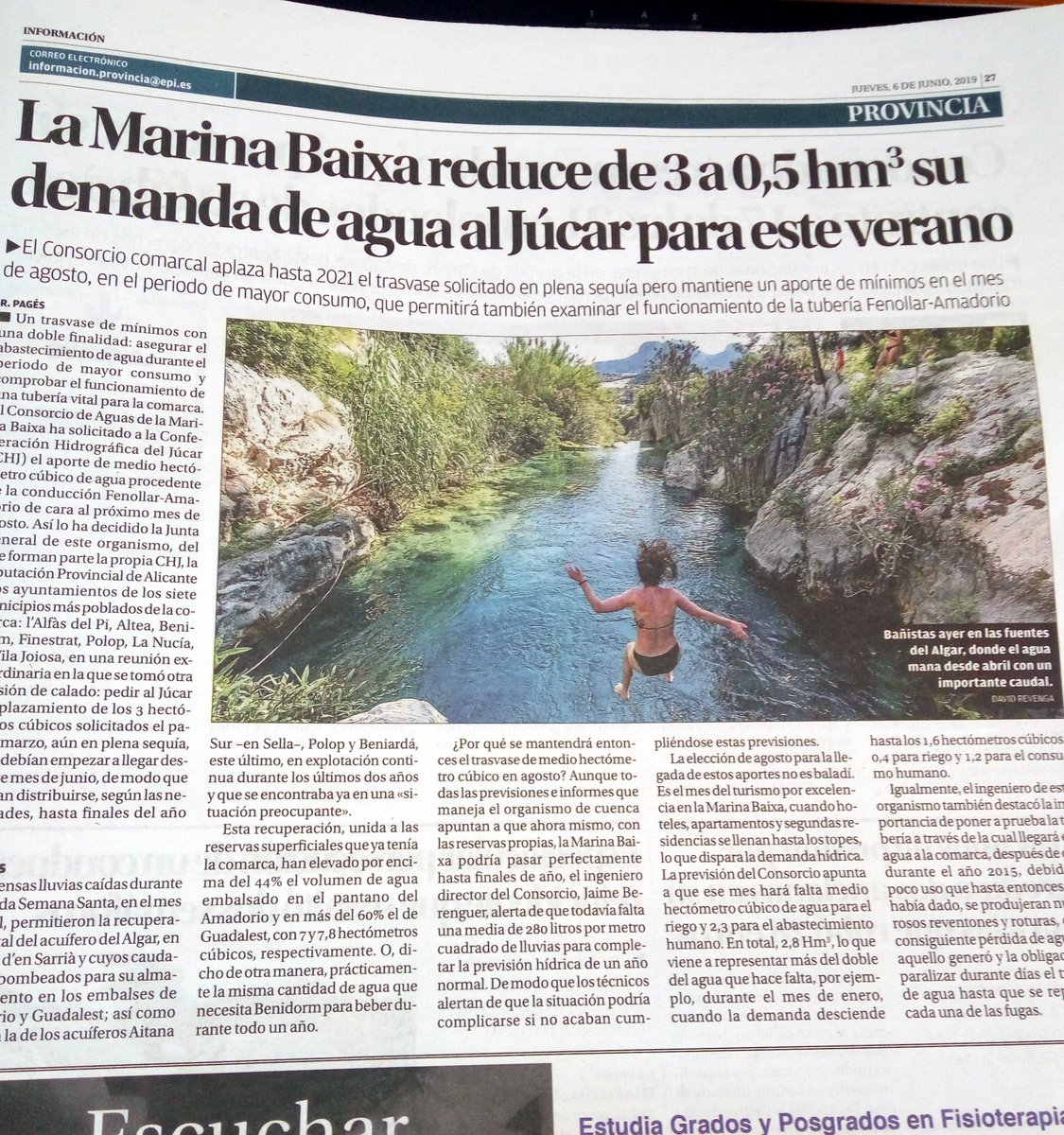 Bonica i refrescant estampa de Les Fonts d'Algar la que va oferir ahir el Diario Información per a il·lustrar una notícia sobre aigua. Un cabal òptim que convida a visitar aquest paratge natural de Callosa d'en Sarrià i donar-se un capbussó. 
#fuentesdelalgar #CallosadenSarrià