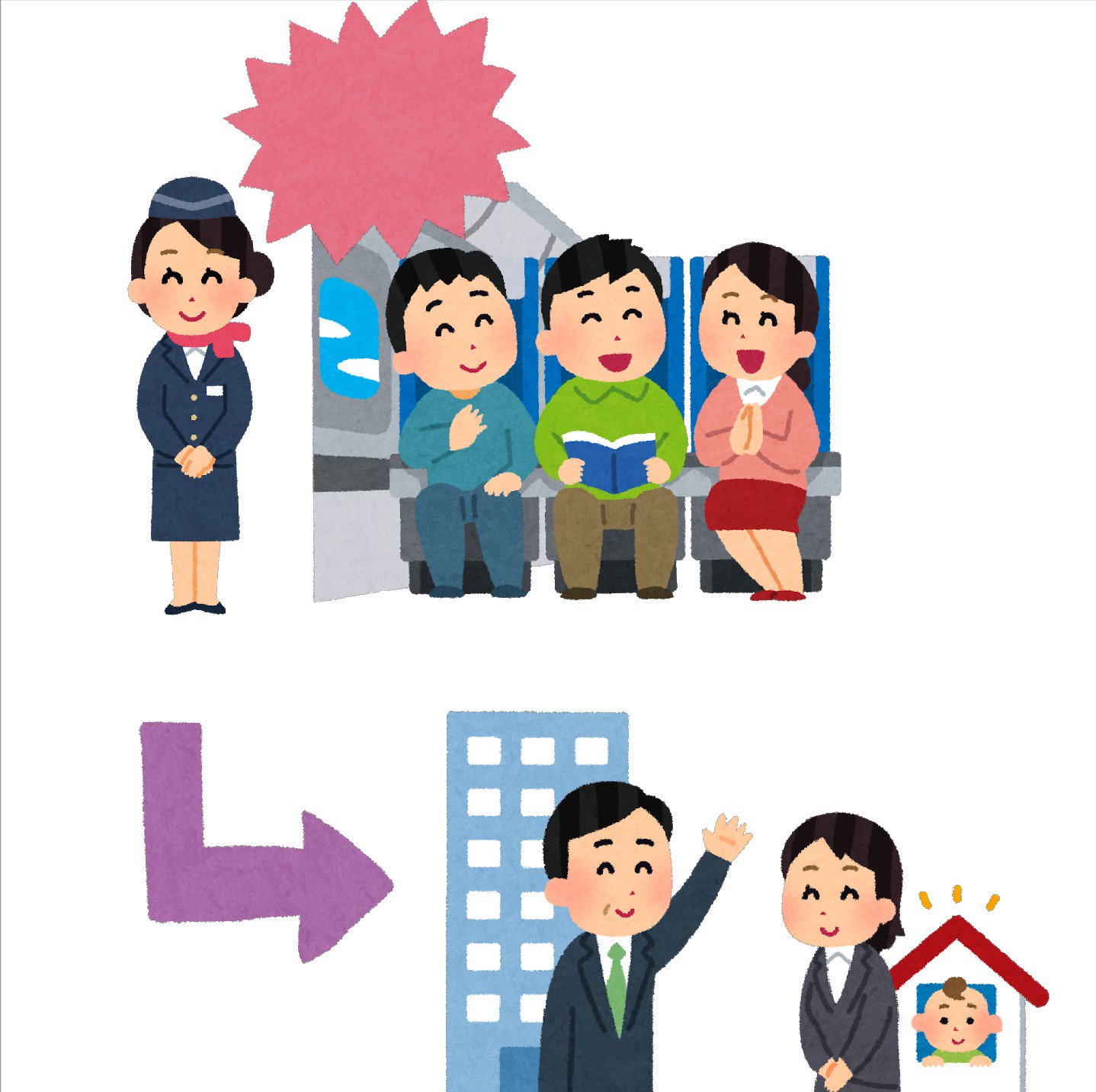 まいチクをいらすとやで再現 Dayukoume 再現難易度 使ったイラスト 5枚 ふきだしのイラスト 笑顔の キャビンアテンダントのイラスト 飛行機の機内のイラスト 矢印のイラスト 直角 育児休暇 育児休業のイラスト まいにちチクショー T Co