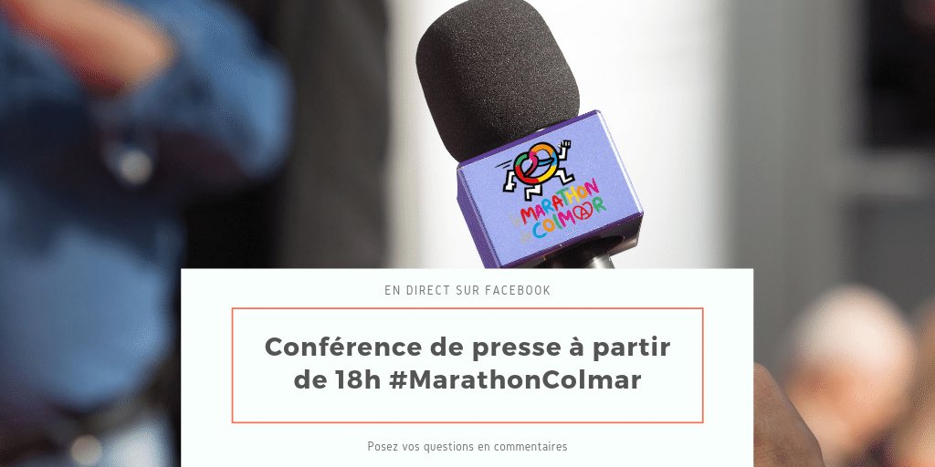 marathon_colmar's tweet photo. Suivez la conférence de presse du #MarathonColmar en live à partir de 18h sur notre page Facebook. Avis aux #medias n'hésitez pas à nous poser vos questions en commentaires. Un CP sera à votre disposition après la conf. #marathon #colmar #semimarathon #athletisme #sport https://t.co/FgAJOYZCLI