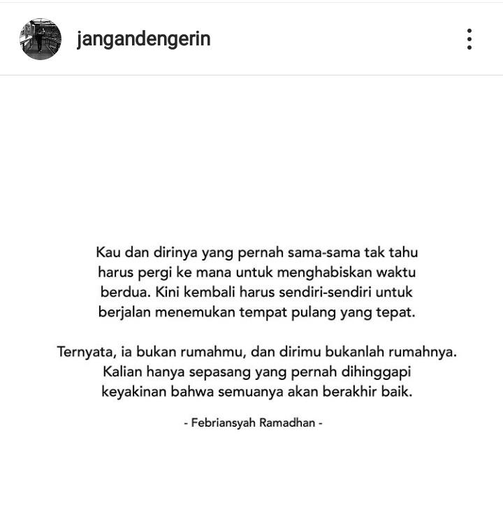 Dulu kau selalu meyakinkan bahwa aku memang rumahmu, tapi kini mungkin kau sudah lupa. Sampai-sampai kau salah masuk rumah((:
<a href="/jangandengerin/">jangandengerin</a>