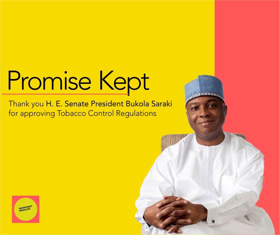 keneike's tweet photo. As you leave the 8th Senate as @SPNigeria, @bukolasaraki the Tobacco freekids advocates once again express our appreciation for keeping your promise and approving the tobacco control regulations, a lasting legacy to protect our kids. Best wishes #DontWaitRegulate https://t.co/NRldJuv6QR
