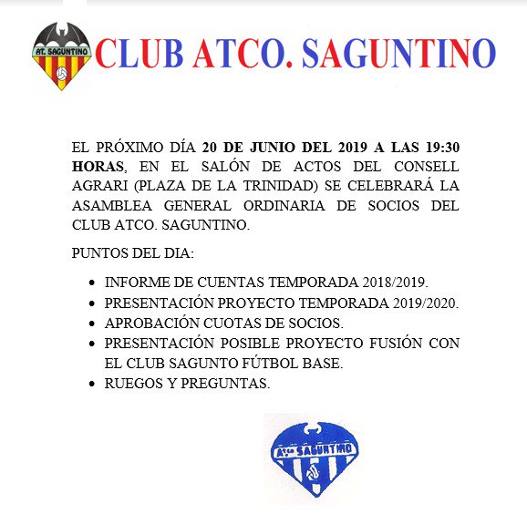 AtcoSaguntino's tweet image. ⚠️ASAMBLEA GENERAL ORDINARIA DE SOCIOS⚠️

📅 20 de Junio 
⏰ 19:30h
📍 Salón de Actos del Consell Agrari

Puntos a tratar:
⏺️ Informe Cuentas 2018/19
⏺️ Proyecto 2019/20
⏺️ Aprobación Cuotas Socios
⏺️ Posible Proyecto Fusión Sagunto Fútbol Base

#SomosRomanos