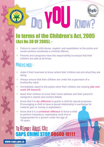 SAPoliceService's tweet photo. #sapsHINT Together, let us take action to support
#ChildProtectionWeek2019
Report any form of abuse to the police. #ActAgainstAbuse
Enough is enough: We call on everyone to play their part to
protect children.
Report, tell - donโt look away. ME https://t.co/x6LbQcPZEP
