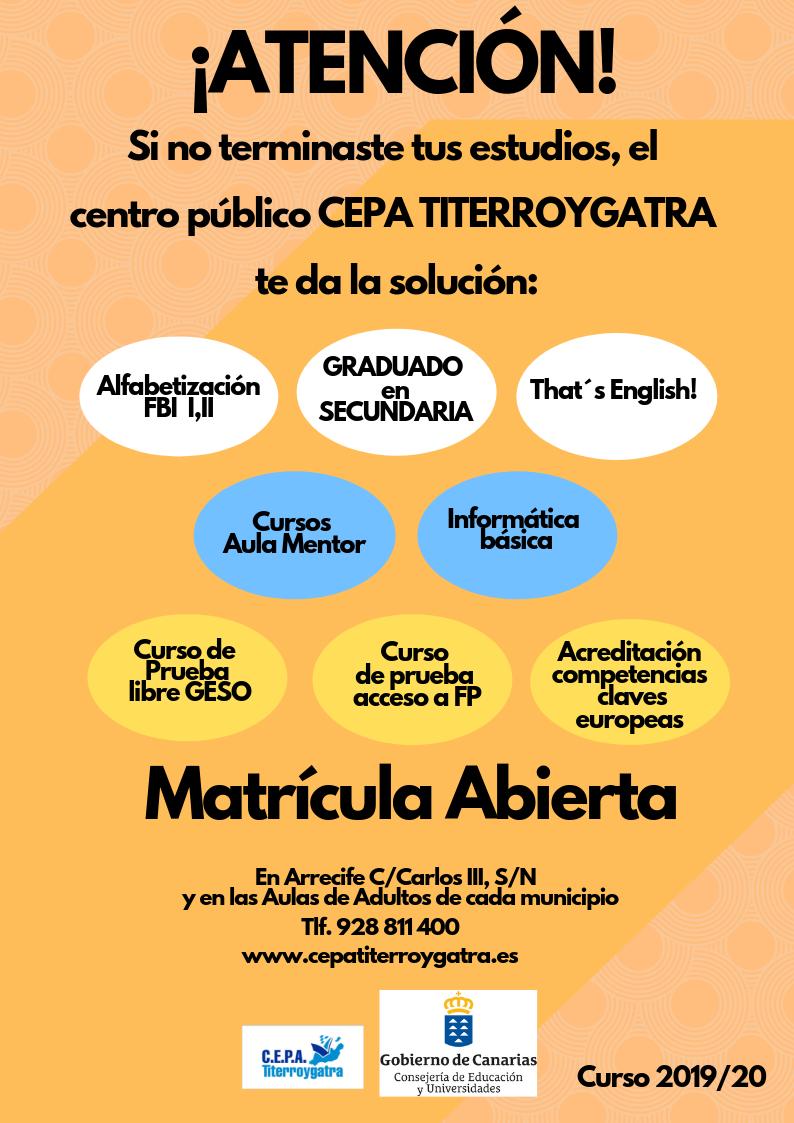 titerroygatra's tweet photo. ¡Matrícula abierta para el curso 2019/2020!
Ponte en contacto con nosotros o acude a nuestro centro y te informaremos de nuestra oferta. ¡Te esperamos!
#nohayedad  #lanzarote https://t.co/A6mEN6RVoa