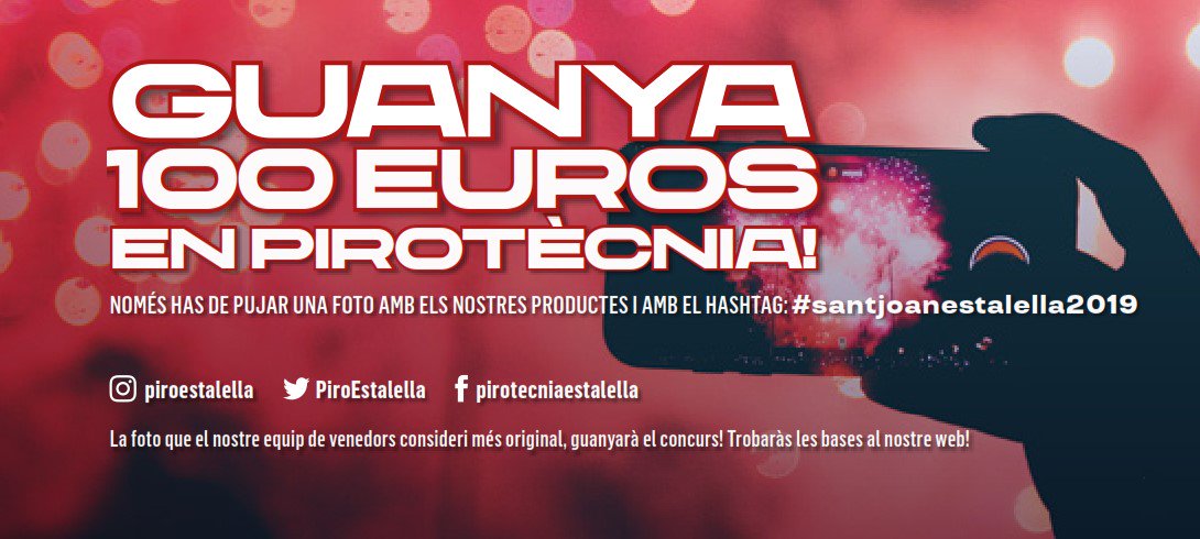 VOLS GUANYAR 100€ EN PIROTÈCNIA?
FES-HO AMB EL NOSTRE CONCURS DE FOTOGRAFIA D'ESTALELLA!!!!
📸🔥
Només cal que us feu una fotografia amb productes Estalella i la publiqueu a qualsevol de les nostres xarxes socials amb el hashtag #santjoanestalella2019
📸🎆
Bases al nostre web!