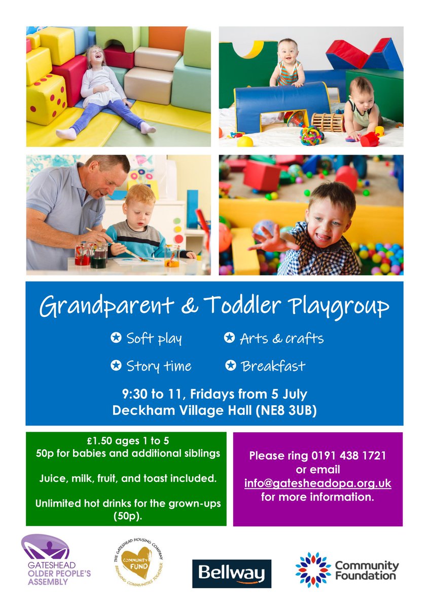 GatesheadOPA's tweet photo. NEW grandparent & toddler group in #Deckham beginning 5 July! Thanks to @gatesheadhc @CFTyneWearNland and the Bellway Fund for your support. #Gateshead #olderpeople https://t.co/wCmqyWAXbR