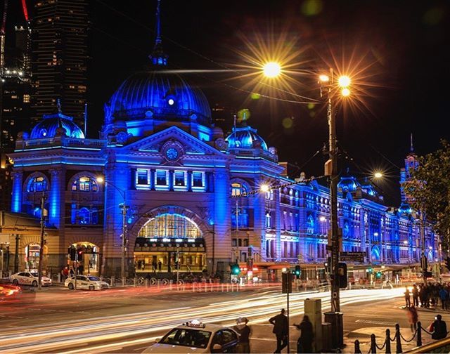 Melbourne's Flinders St station is one of the buildings lit up in blue over this long weekend to highlight the ongoing fight to cure MND. Picture: Wayne Taylor. #Heraldsun <a href="/wmtphotography/">Wayne Taylor</a> #Melbourne #fightmnd <a href="/fightmnd/">FightMND</a> bit.ly/2wN1u7r
