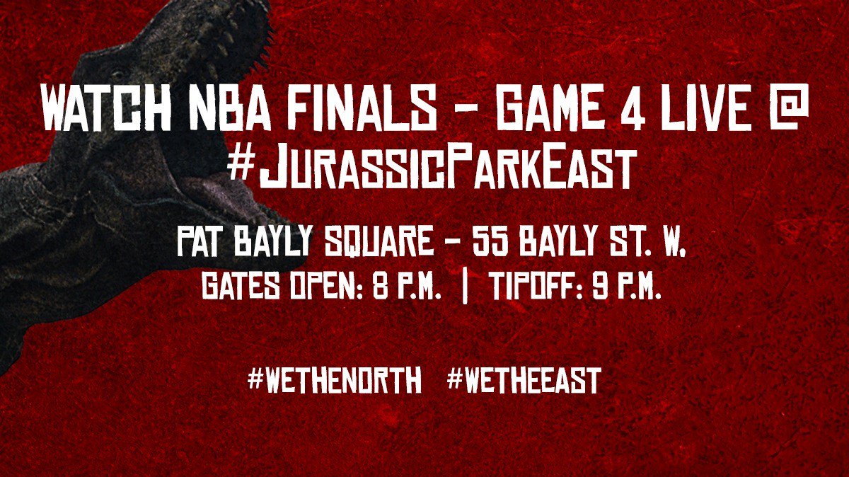 TownOfAjax's tweet photo. Where will you be watching #Game4 of the #NBAFinals?

Special Emcee @MapleLeafs announcer @AMIRossy will be at Jurassic Park of the East in #PatBaylySquare!

Gates open @ 8 p.m.

Tipoff is @ 9 p.m.

Live coverage ➡️ https://t.co/Dny8kvSKCp

#WeTheNorth #WeTheEast #LetsGoRaptors https://t.co/y5NJoEdU5J