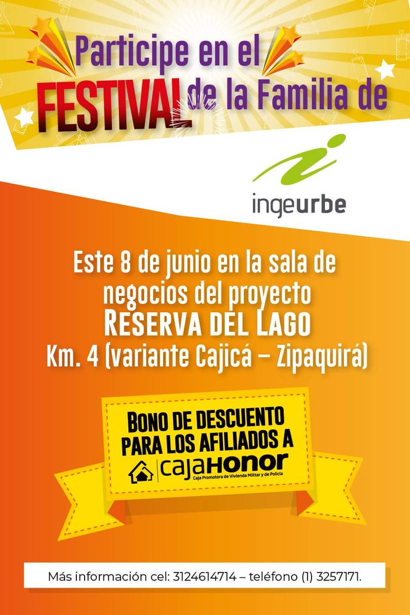 CajaHonor's tweet photo. #Mañana 8 de junio en #Cajicá #Zipaquirá le esperamos en el "Festival de la Familia👨👩👧 " de #Ingeurbe desde la sala de negocios del proyecto #ReservaDelLago ¡No se lo pierda!. https://t.co/QbVSHcoIt7