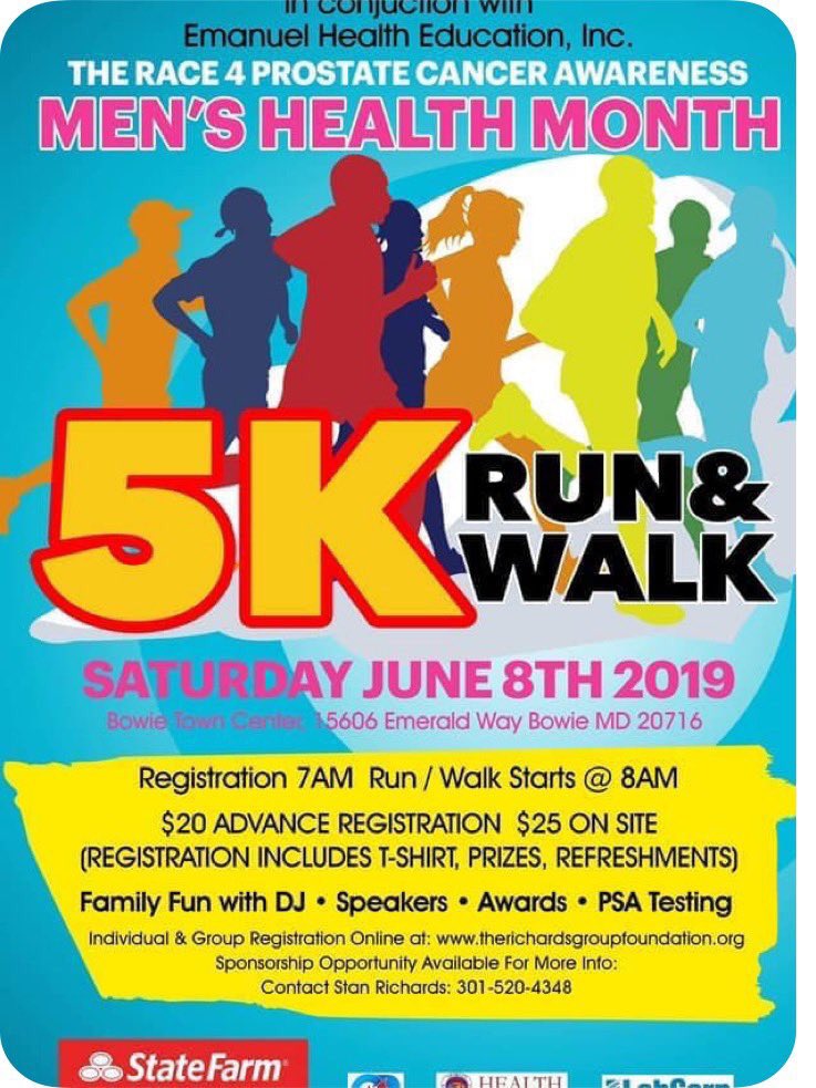 MrsPRProtocol's tweet photo. TOMORROW, June 8, join #MoveYourBody as we support our brother @dmvstan to promote #5KRunAndWalk #MensHealth #MensHealthMonth #ProstateCancer #PSATesting #healthandwellness @BowieTownCtr @PrinceGeorgesMD
REGISTER and SHAREππ½ https://t.co/b6oTkyk02T #NoMoreLimits #MYBWClub https://t.co/KjTxG4GjN4
