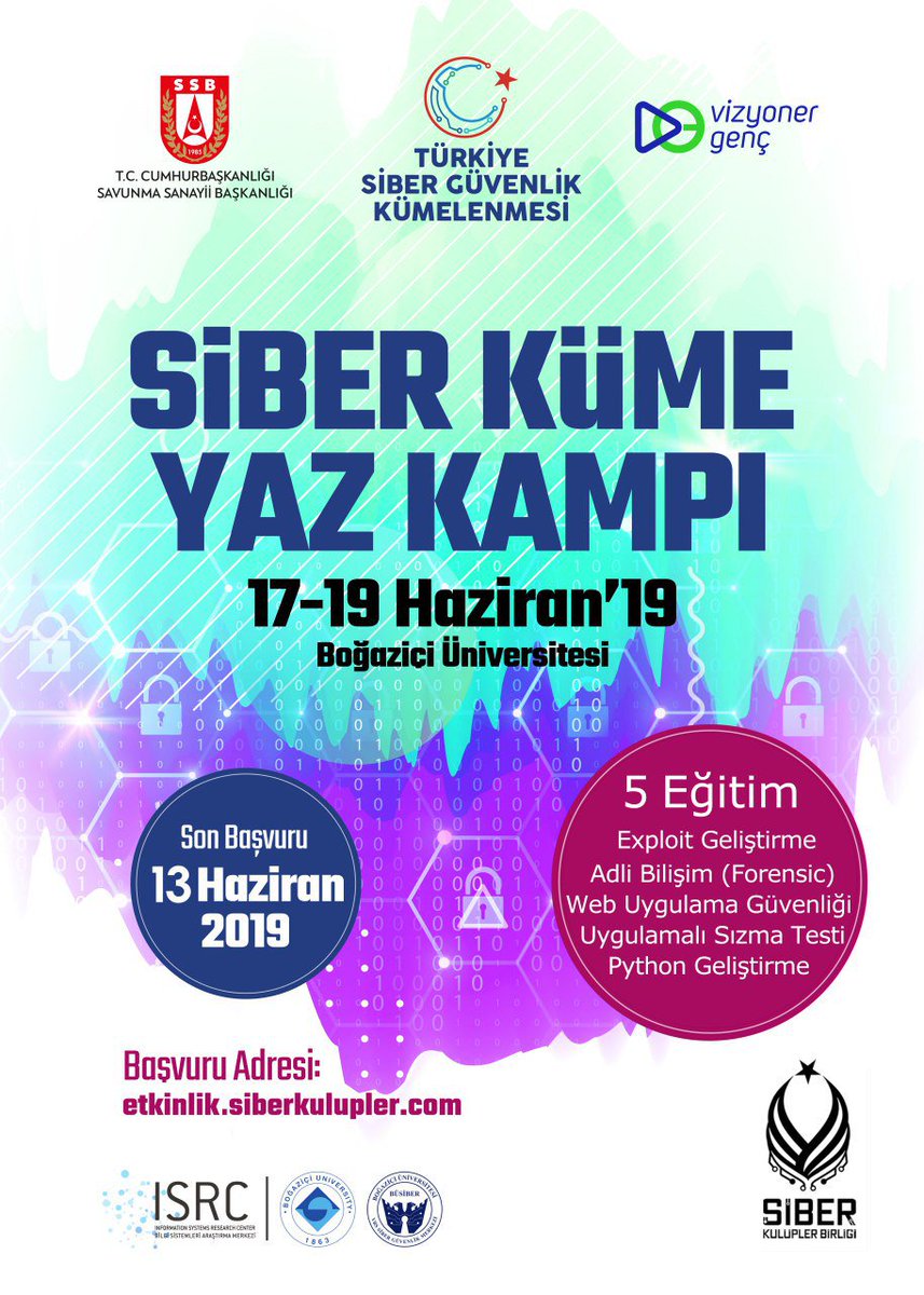 Siber Kulüpler Birliği (@siberkulupler) on Twitter photo Siber Küme Yaz Kampı başvuruları açıldı!
17-19 Haziran 2019 tarihlerinde, 5 farklı sınıfta, alanında uzman eğitmenlerin katılımıyla Boğaziçi Üniversitesi’nde düzenlenen eğitimlere katılmak için hemen başvurun: etkinlik.siberkulupler.com
<a href="/SiberKulupler/">Siber Kulüpler Birliği</a> <a href="/siberkume/">Türkiye Siber Güvenlik Kümelenmesi</a> Siber Küme Yaz Kampı başvuruları açıldı!
17-19 Haziran 2019 tarihlerinde, 5 farklı sınıfta, alanında uzman eğitmenlerin katılımıyla Boğaziçi Üniversitesi’nde düzenlenen eğitimlere katılmak için hemen başvurun: etkinlik.siberkulupler.com
<a href="/SiberKulupler/">Siber Kulüpler Birliği</a> <a href="/siberkume/">Türkiye Siber Güvenlik Kümelenmesi</a>