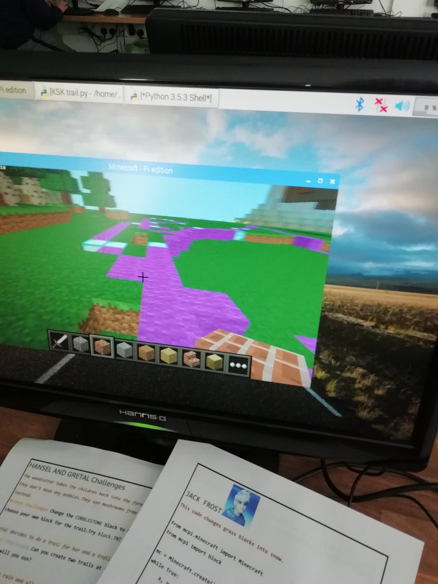 CraftyComputing's tweet image. Thanks for inviting me to support your enrichment week @KEVIMORPETH, using #minecraftpi to program in #python . You have some great future computer scientists in Year 9..Here&apos;s our water version of Jack&apos;s beanstalk and a valley created by exploding a lot of TNT..