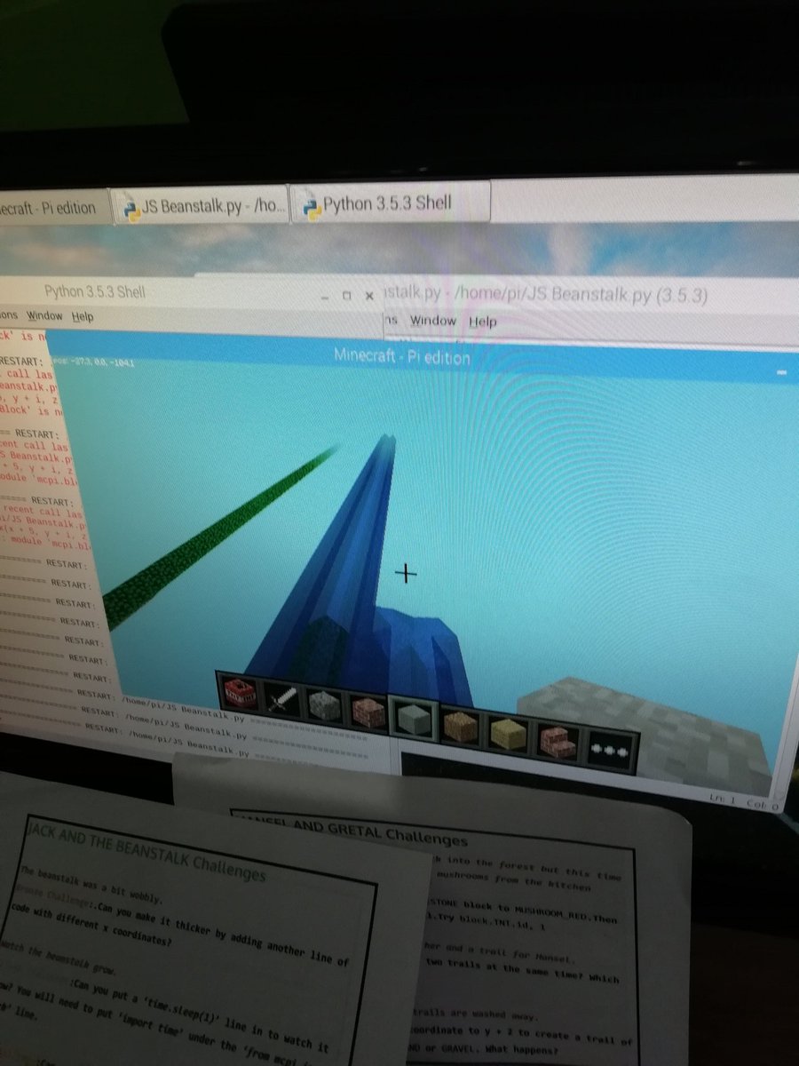 CraftyComputing's tweet image. Thanks for inviting me to support your enrichment week @KEVIMORPETH, using #minecraftpi to program in #python . You have some great future computer scientists in Year 9..Here&apos;s our water version of Jack&apos;s beanstalk and a valley created by exploding a lot of TNT..