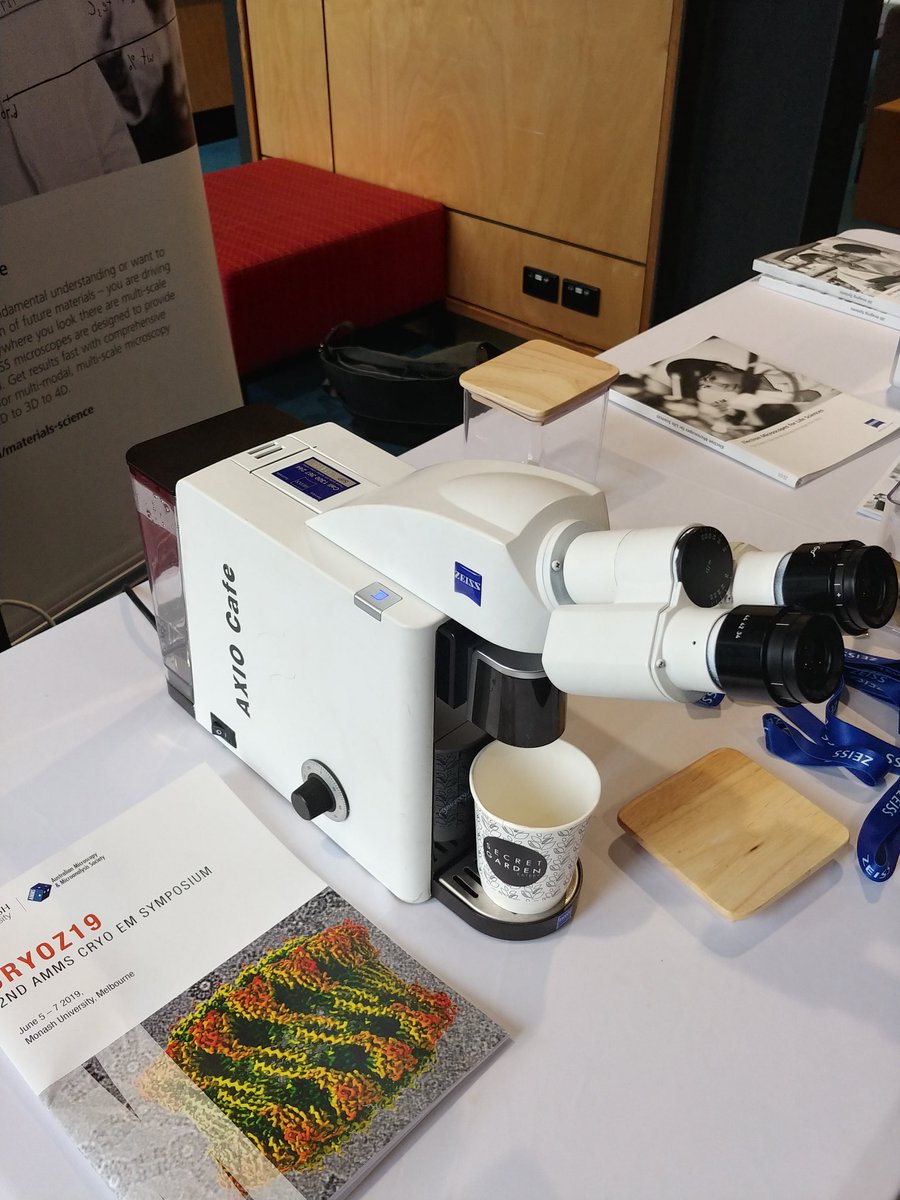 SarahJ_Piper's tweet photo. A light microscope turned coffee machine! Amazing advertisement from Zeiss, only at #cryOZ19 https://t.co/bx7qC5lwJJ