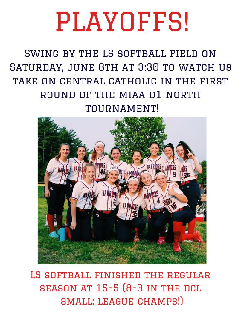 Saturday, June 8th 3:30PM at the LS Softball Field. LS vs. Central Catholic. Come on out and support!! Go Warriors!!! #FightTogether  <a href="/Warriors978/">LSWarriors</a> <a href="/LSBoosters/">LSBoosters</a>