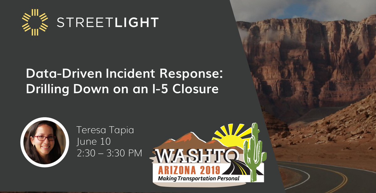 StreetLightData's tweet photo. Going to @AzWashto next week? Check out Teresa's presentation on "Data-Driven Incident Response: Drilling Down on an I-5 Closure." 

Can't make the conference? Contact us for a demo: https://t.co/WXu8bu3fjP

#MobilityBigData #Washington #MakingTransportationPersonal https://t.co/Mn9zE23H2E