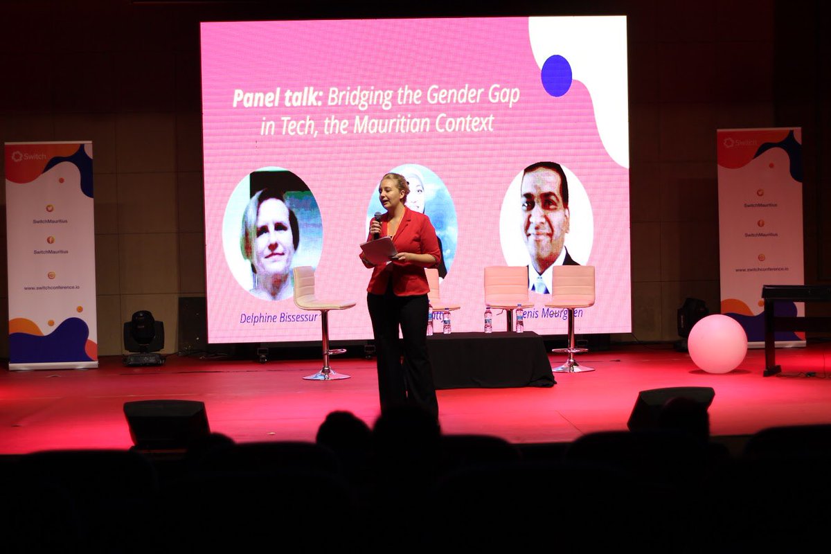 SWITCHMauritius's tweet photo. We’re currently having a very informative panel session on “Bridging the gender gap in tech, the Mauritian context” by Sameera Chattun, Delphine Bissasseur and Mourghen Denis moderated by Michaela Farquhar!

#SwitchConf19 #SwitchLevels #TechingOver https://t.co/98yFlbwbux