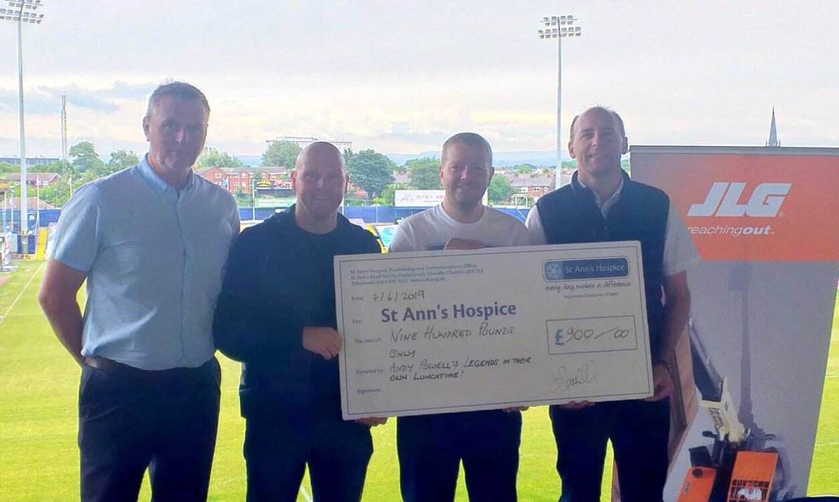 Andy Powell (@andypowell_ent) on Twitter photo A cheque presented this morning to <a href="/StAnnsHospice/">St Ann's Hospice</a> for £900.00. Many thanks once again to all my veteran football pals. Thank u 2 Edward Bernard Price <a href="/JLG_Industries/">JLG Industries</a> 4 their kind sponsorship and Simon Dawson for the use of Edgeley Park <a href="/StockportCounty/">Stockport County</a> A cheque presented this morning to <a href="/StAnnsHospice/">St Ann's Hospice</a> for £900.00. Many thanks once again to all my veteran football pals. Thank u 2 Edward Bernard Price <a href="/JLG_Industries/">JLG Industries</a> 4 their kind sponsorship and Simon Dawson for the use of Edgeley Park <a href="/StockportCounty/">Stockport County</a>
