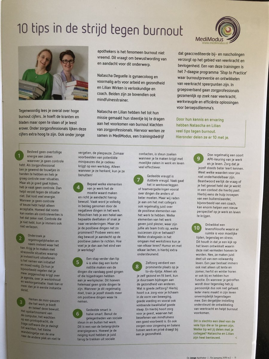 Steeds meer verenigingen voor zorgprofessionals weten ons bij MediModus te vinden voor de thema’s veerkracht en bevlogenheid, duurzame inzetbaarheid en burnoutpreventie. Vandaag, vers van de pers, ons artikel in ‘de jonge apotheker’ waarin we 10 tips tegen burnout geven.
