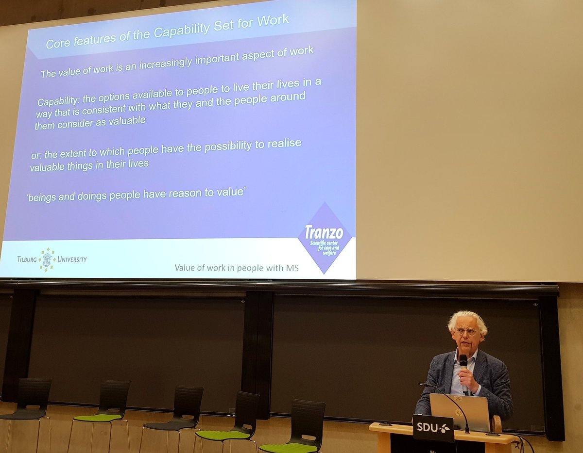 Prof Jac vd Klink presented findings from his study on workers with #MultipleSclerosis at the #wdpi2019 conference. The study was based on the #Capability Model. "For sustainable #employment it is important to look at what people truely value in work &amp; if they're able &amp; enabled"