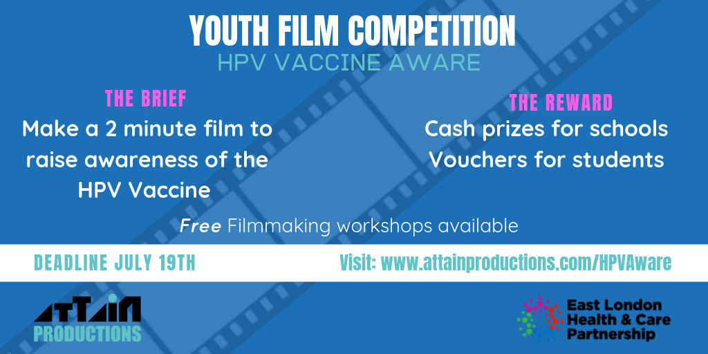 AttainProjects's tweet photo. @COLA_Trust are you looking for an exciting #creative opportunity for your students? Check out our HPV Vaccine Aware #shortfilm competition for young people which includes vouchers for students and cash prizes for schools. 🎥🏆https://t.co/bS0WzcYNrA https://t.co/QlknrSF3EP