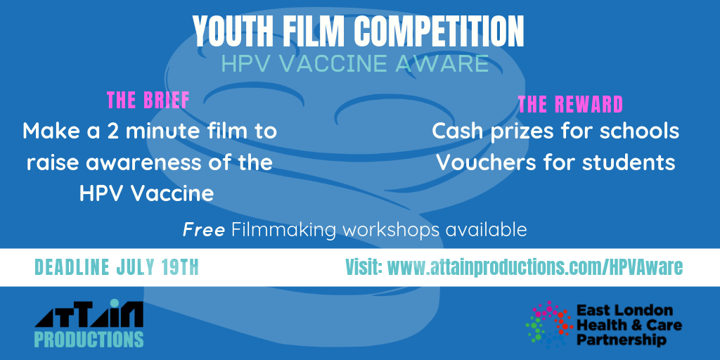 AttainProjects's tweet photo. @hackneynewsch are you looking for an exciting #creative opportunity for your students? Check out our HPV Vaccine Aware #shortfilm competition for young people which includes vouchers for students and cash prizes for schools. 🎥🏆https://t.co/bS0WzcYNrA https://t.co/fiP3Dq75BR