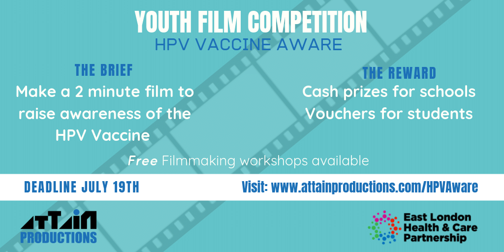 AttainProjects's tweet photo. @HaggerstonSch are you looking for an exciting #creative opportunity for your students? Check out our HPV Vaccine Aware #shortfilm competition for young people which includes vouchers for students and cash prizes for schools. 🎥🏆https://t.co/bS0WzcYNrA https://t.co/LgMm9Kbdme
