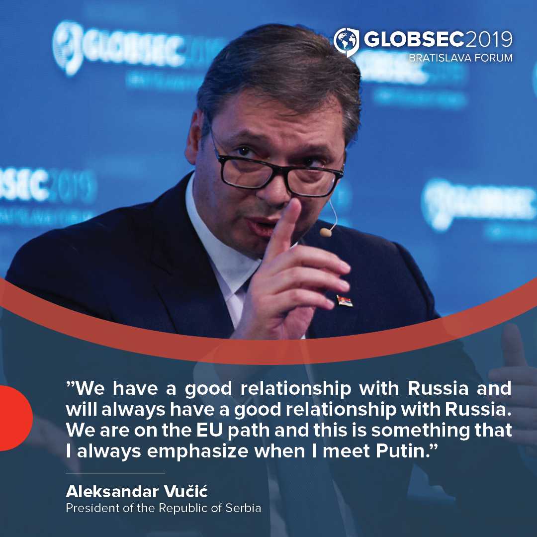 GLOBSEC's tweet photo. Historic moment for #GLOBSEC2019! We are hosting three presidents from Western Balkans: @predsjednik_cg, @avucic, @HashimThaciRKS &amp; @aneichhorst discussing tense relationships between Belgrade and Pristina. https://t.co/FOf1zR6TZ9