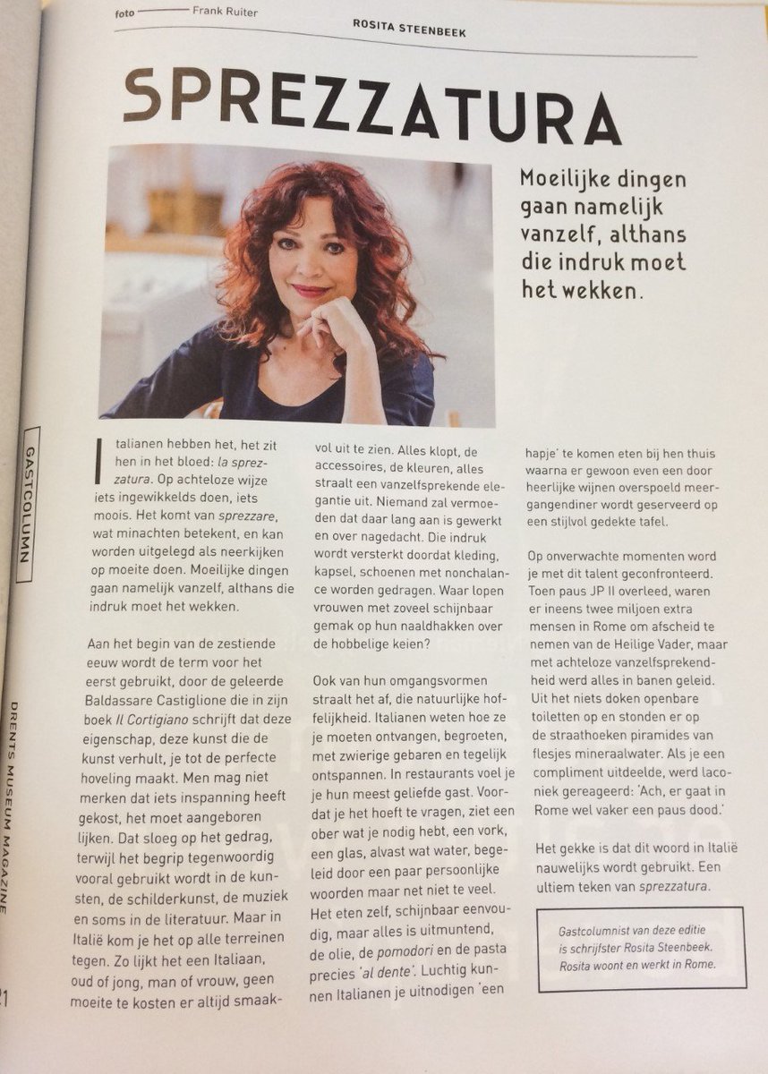 In het @DrentsMuseum is de tentoonstelling Sprezzatura te zien. <a href="/RositaSteenbeek/">Rosita Steenbeek</a>, die in Rome woont en werkt, schreef een gastcolumn voor het Drents Museum Magazine. Ze komt naar Dwingeloo om haar verhaal over de vluchtelingenopvang te vertellen. 22 juni #zomerzinnen #dwingeloo