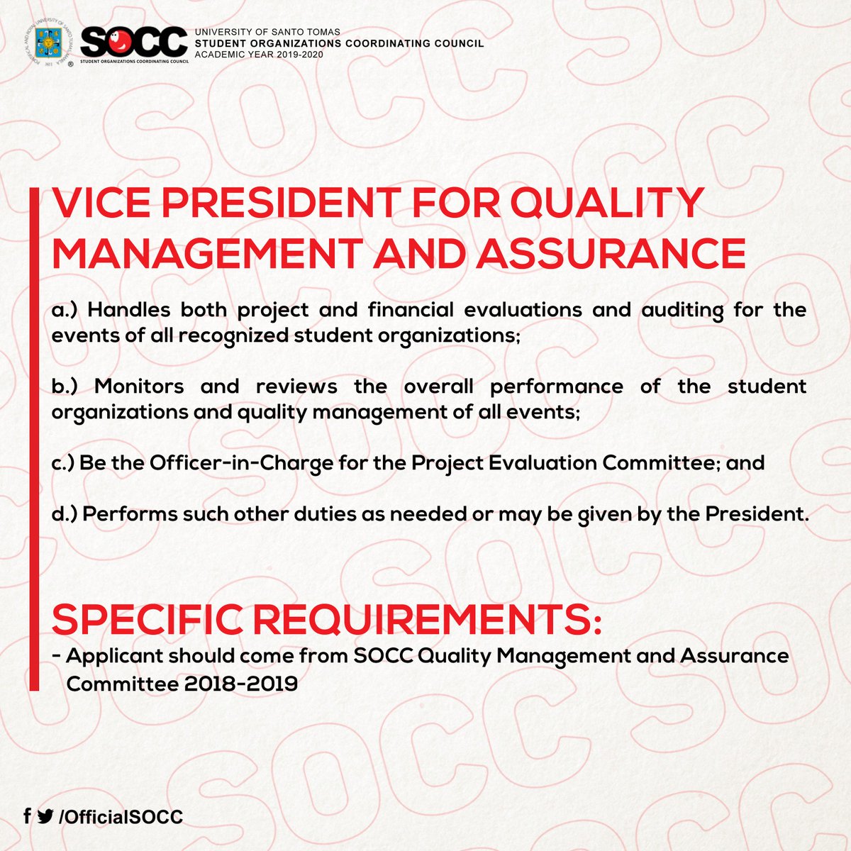 “Leadership is the challenge to do something more than average.” - Jim Rohn

The applications for the SOCC Vice Presidents for this academic year are now open!

Do you have what it takes to be the next Vice Presidents for SOCC?