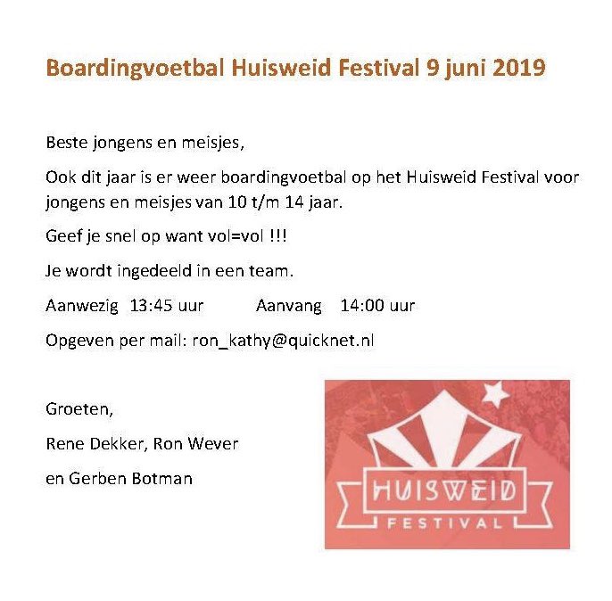 Huisweid Festival Boardingvoetbal

Er zijn nog enkele plaatsen beschikbaar, geef je dus snel op!!! #huisweid #huisweidfestival #huisweidfestival19 #warmenhuizen