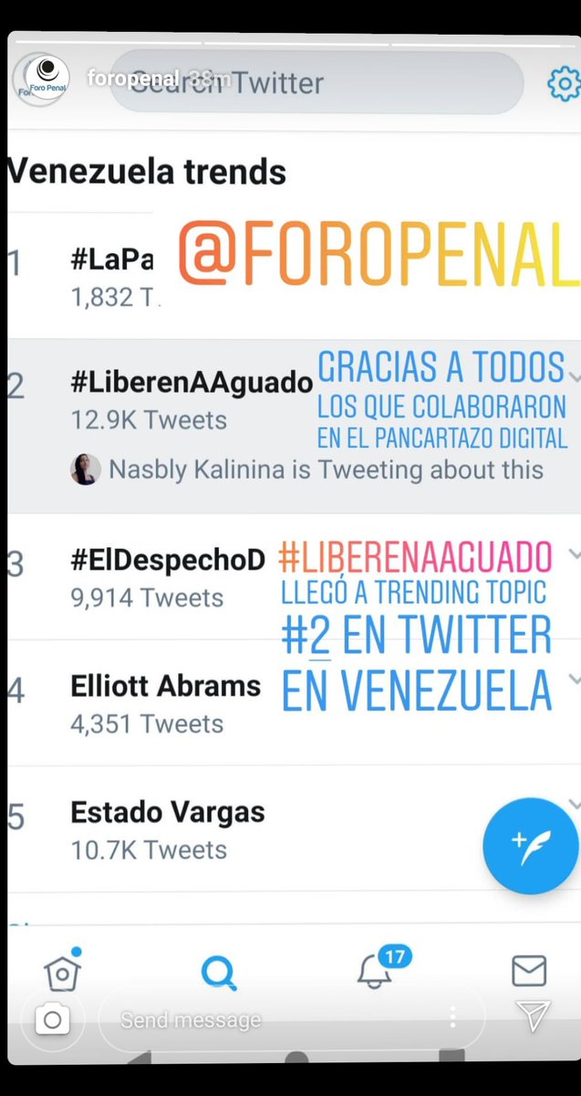 Nasbly's tweet photo. Infinitas gracias a todos los que nos ayudaron anoche!!! Este #2  lugar es un claro mensaje de que los #PresosPoliticos no están solos y que los buenos somos mayoría. 
Hermanita @bebita966 ya verás que pronto volverás a estar con tu papá @waguado en libertad! @alfredoromero https://t.co/bYotL91u3h