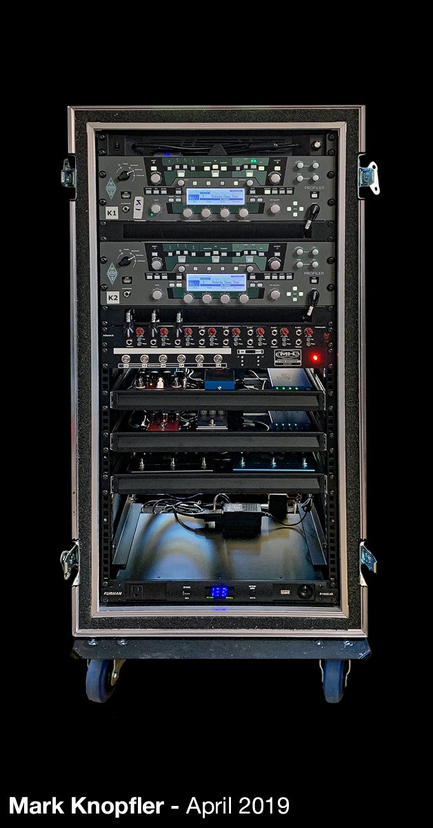 MikehillMhs's tweet photo. For all you Mark Knopfler fans here's his latest rig that we built for his current tour, including fixed WAH pedal.  
#MarkKnopfler #Liverig #rack #WAH https://t.co/w6rRfa4bK9