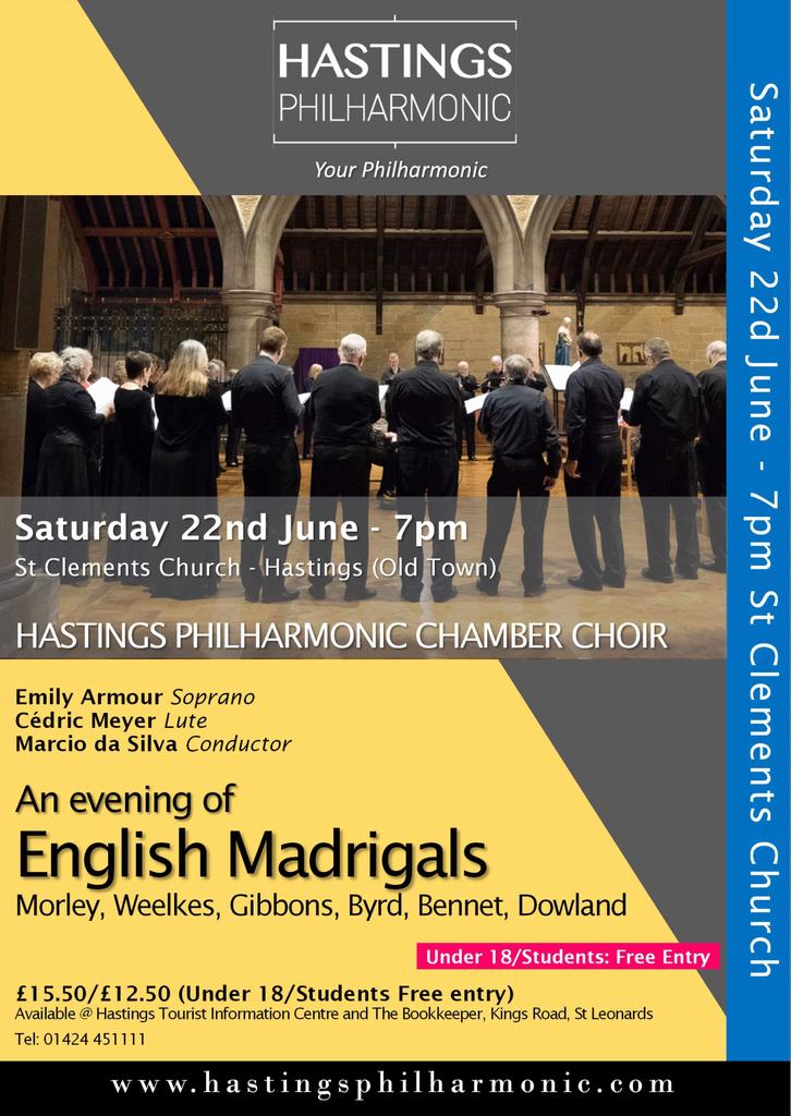 An Evening of English Madrigals | Sat 22nd June | 7pm | #HPMadrigals.

• Hastings Philharmonic Chamber Choir 
• Emily Armour, Soprano 
• Cédric Meyer, Lute 
• Marcio da Silva, Conductor

St Clements Church | Hastings Old Town. 🖼: J. Van Eyck -'Singing Angels' 1427-9.