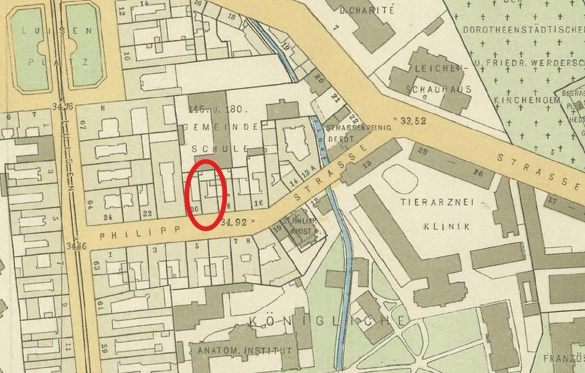 53a\\ The philosopher Max Stirner (1806-1856) studied in Berlin and lived most of his adult life there. His last address in Berlin was Philippstraße 19. The house (see picture), in which he died, is long gone. Today, the spot is part of the Charité clinic in Mitte.