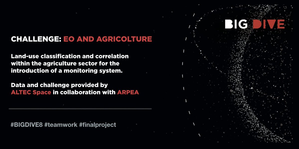 bigdive_eu's tweet photo. Let's start to unveil also the #BIGDIVE8 #finalproject #challenges! #EarthObservation #EO #Agricolture #classification #correlation #monitoring #fromspacetoearth
Data provided by our #sponsor @ALTECSpace and ARPEA https://t.co/fMTnbuO26c