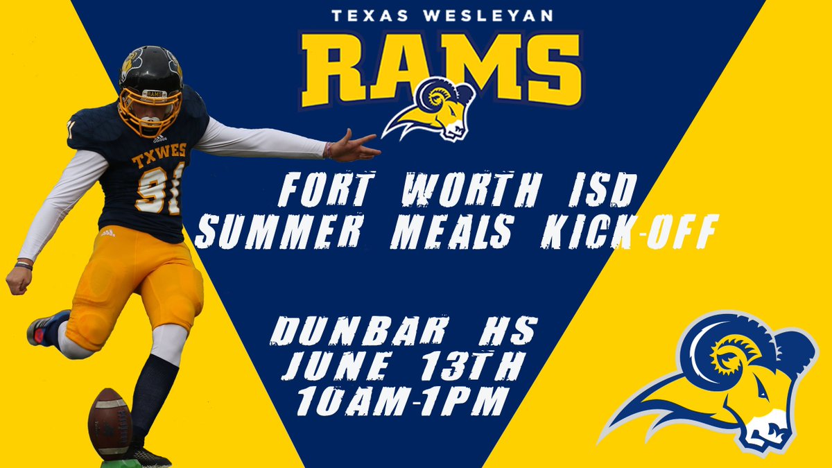 TxWesFootball's tweet photo. Join us at the FWISD Summer Meals Kick-Off!

Free food, games, and a chance to hang out with the TXWES Football team and coaching staff.

Big thanks to @THI_Dallas @BZPFortWorth &amp; @FortWorthISD for allowing us to help spread the word on defeating hunger in the DFW! https://t.co/aTq426A4Xs