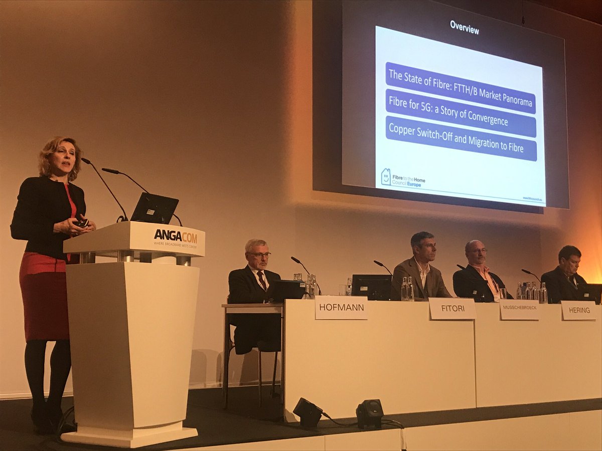 FibreCouncilEU's tweet photo. Yesterday our Director General @efitori spoke at @ANGA_COM to present the main projects of the FTTH Council Europe. Fibre/5G convergence, the state of the FTTH/B market and copper switch off are amongst our top priorities #ANGACOM2019 with @ANGA_Verband https://t.co/X8DpcjXVUq