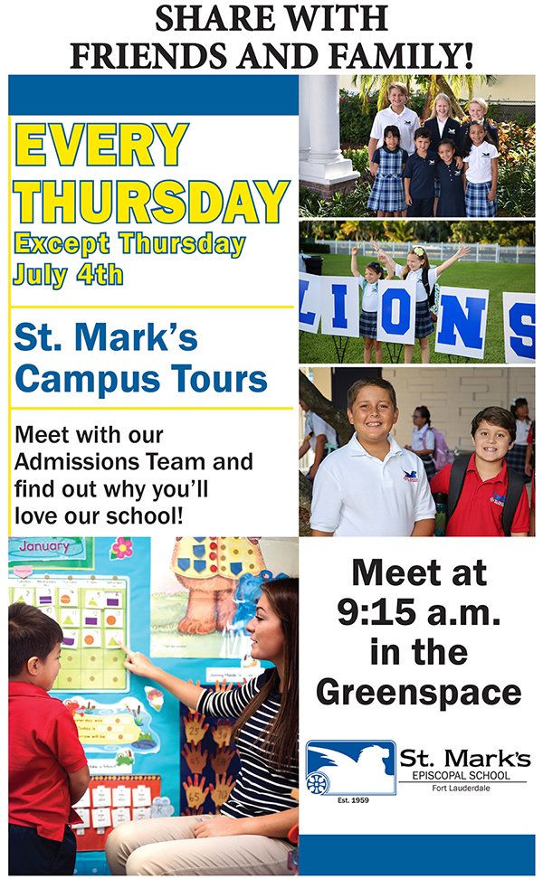 St. Mark's will be offering Thursday Tours at 9:15am. We are still enrolling new students for the 2019-2020 school year.Let us show you why we are one of the top private schools in South Florida!
To set up a private tour contact Laura Minor at (954) 334-0149