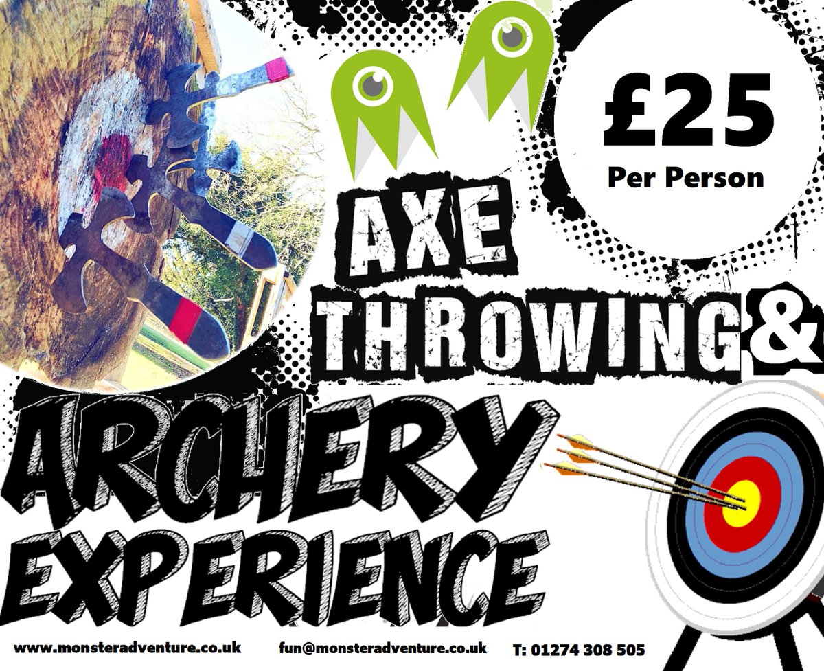 Looking for a FUN experience! then why not try our Axe Throwing &amp; Archery Experience - £25 per person 🌳

📍 Monster Adventure Activity Centre, Bradford, West Yorkshire, BD1 3SH 

T: 01274 308505 E: fun@monsteradventure.co.uk
#Axethrowing #Archery #Dayout #Bradford #WestYorkshire